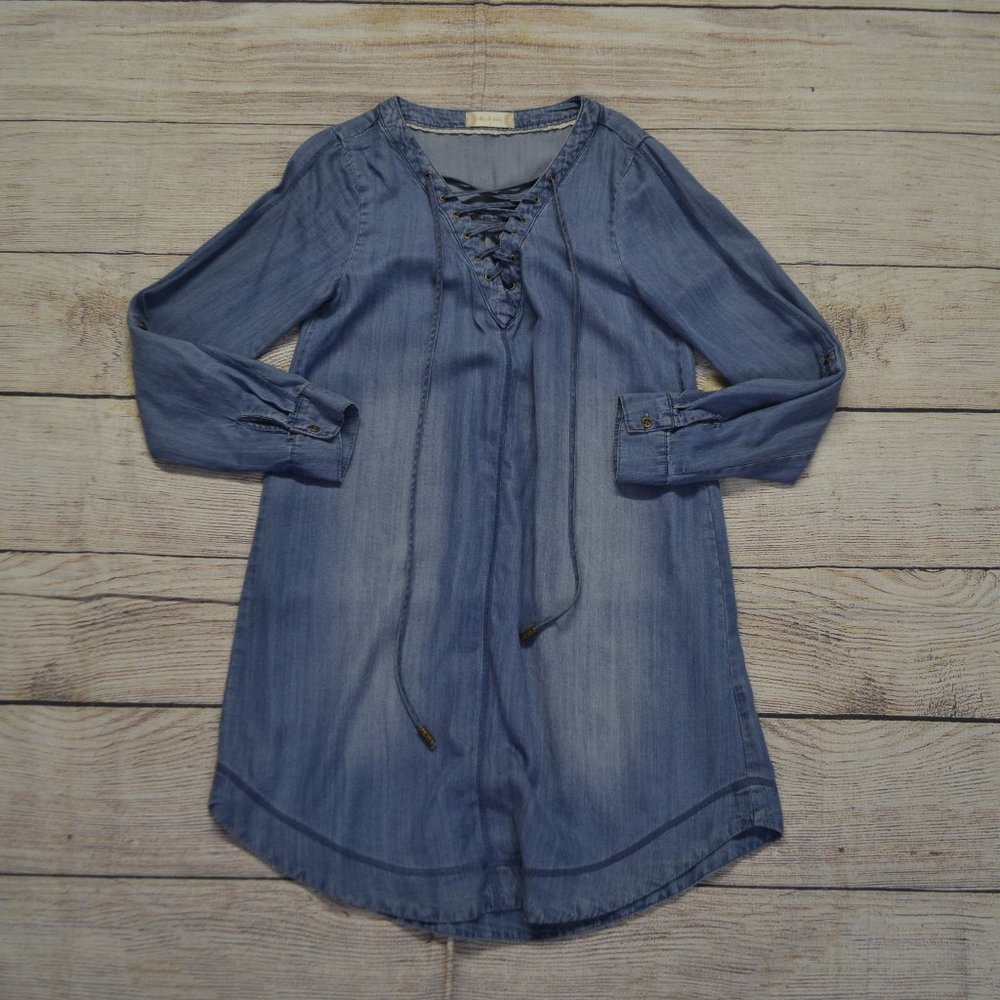 😍Altar'd State Blue Denim Lace Up Mini Dress Long Sleeve size Small